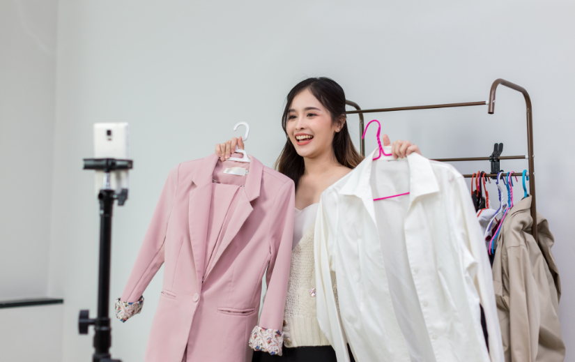 Smiling woman livestreaming a fashion haul, showcasing clothing items to engage customers and boost online store sales.